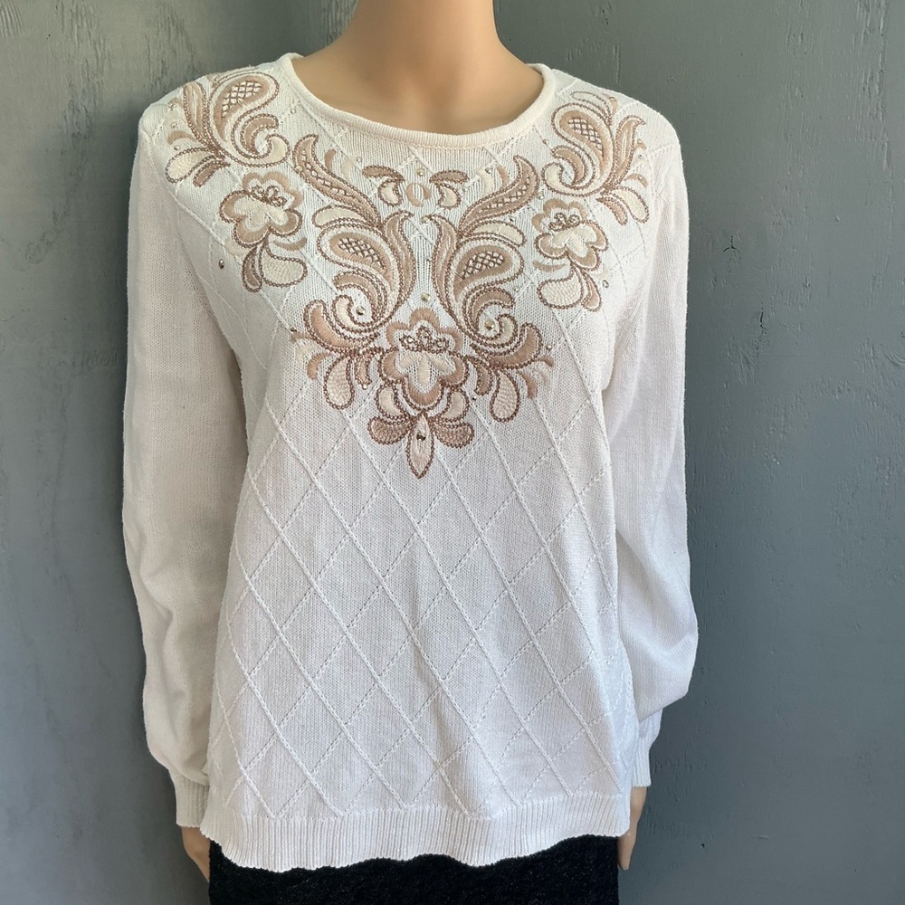 Elegant Cream Sweater with Floral Embroidery